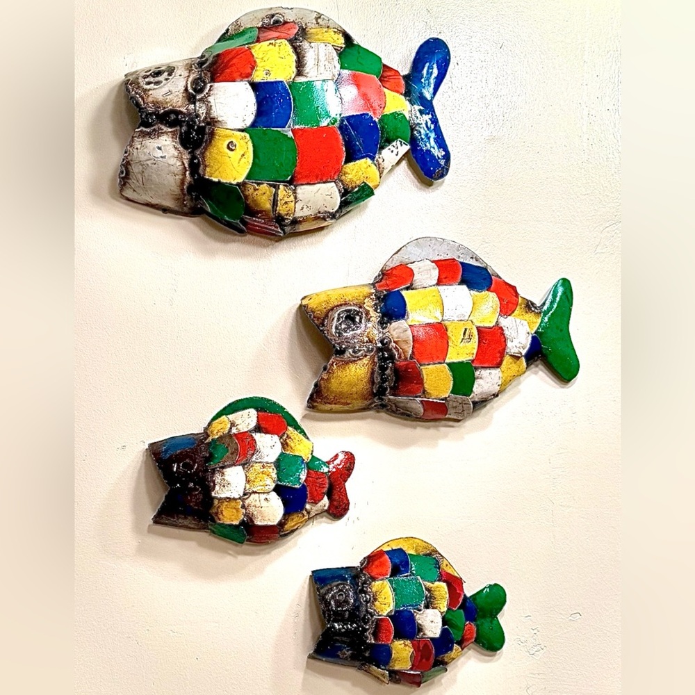 🍃Zimbabwe Recycled Metal Fish Wall Art Set of 4 | Colorful Global Folk Decor